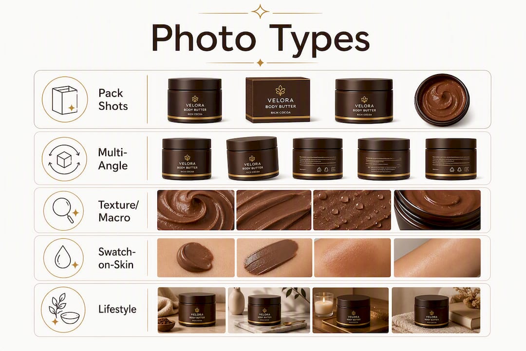 Infographic showing types of cosmetic product photography