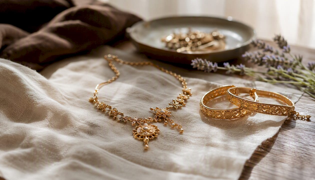 Close-up of jewelry on white linen with natural light