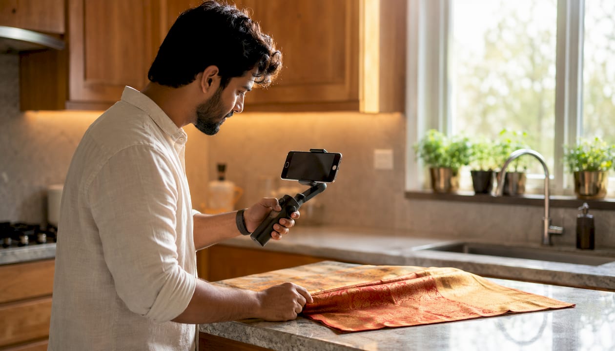 Entrepreneur filming textile product with smartphone