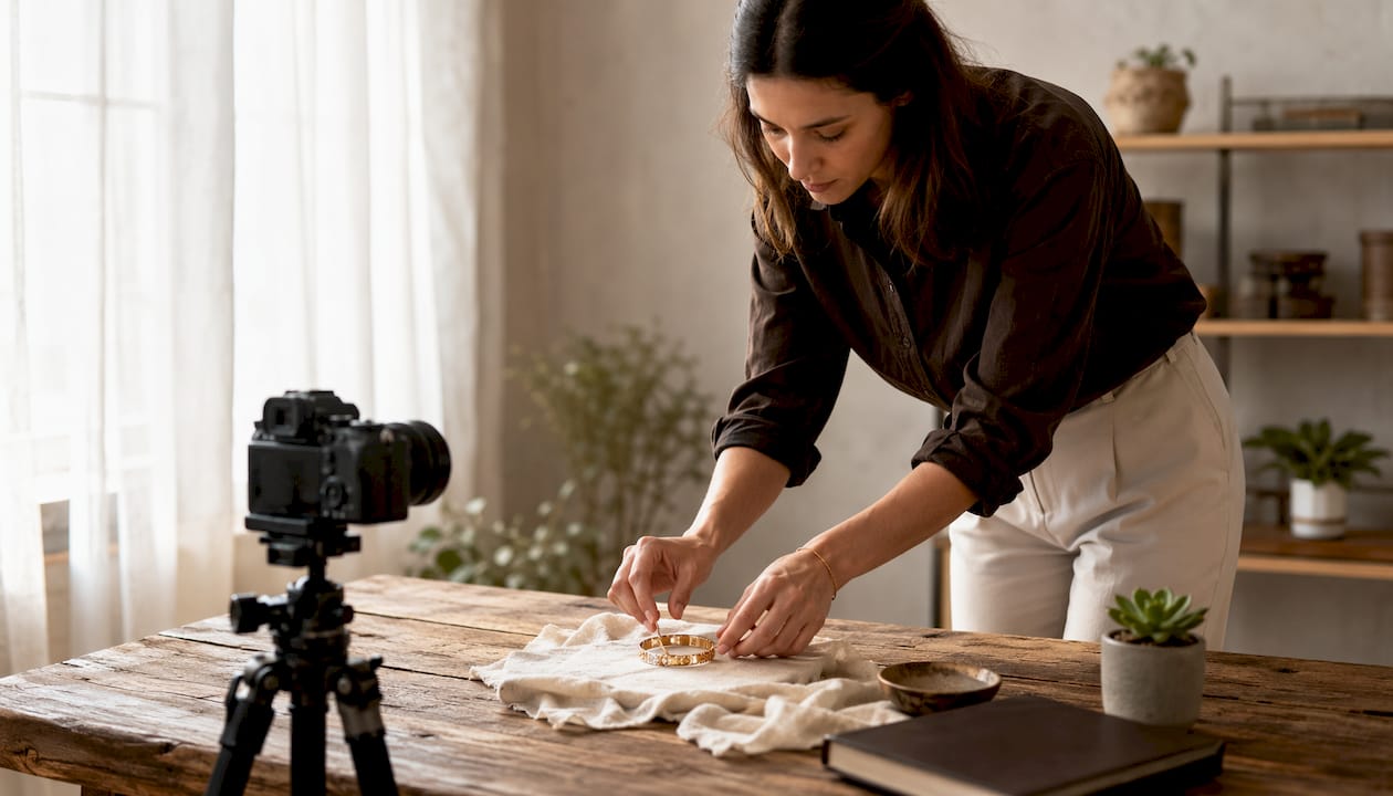 Photographer positioning jewelry in a bright studio